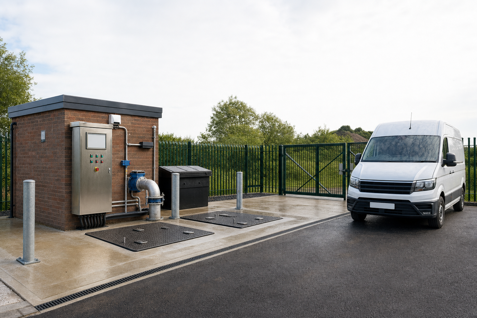 Service van parked beside a small utility building with pipes and control panel, near a fenced area.