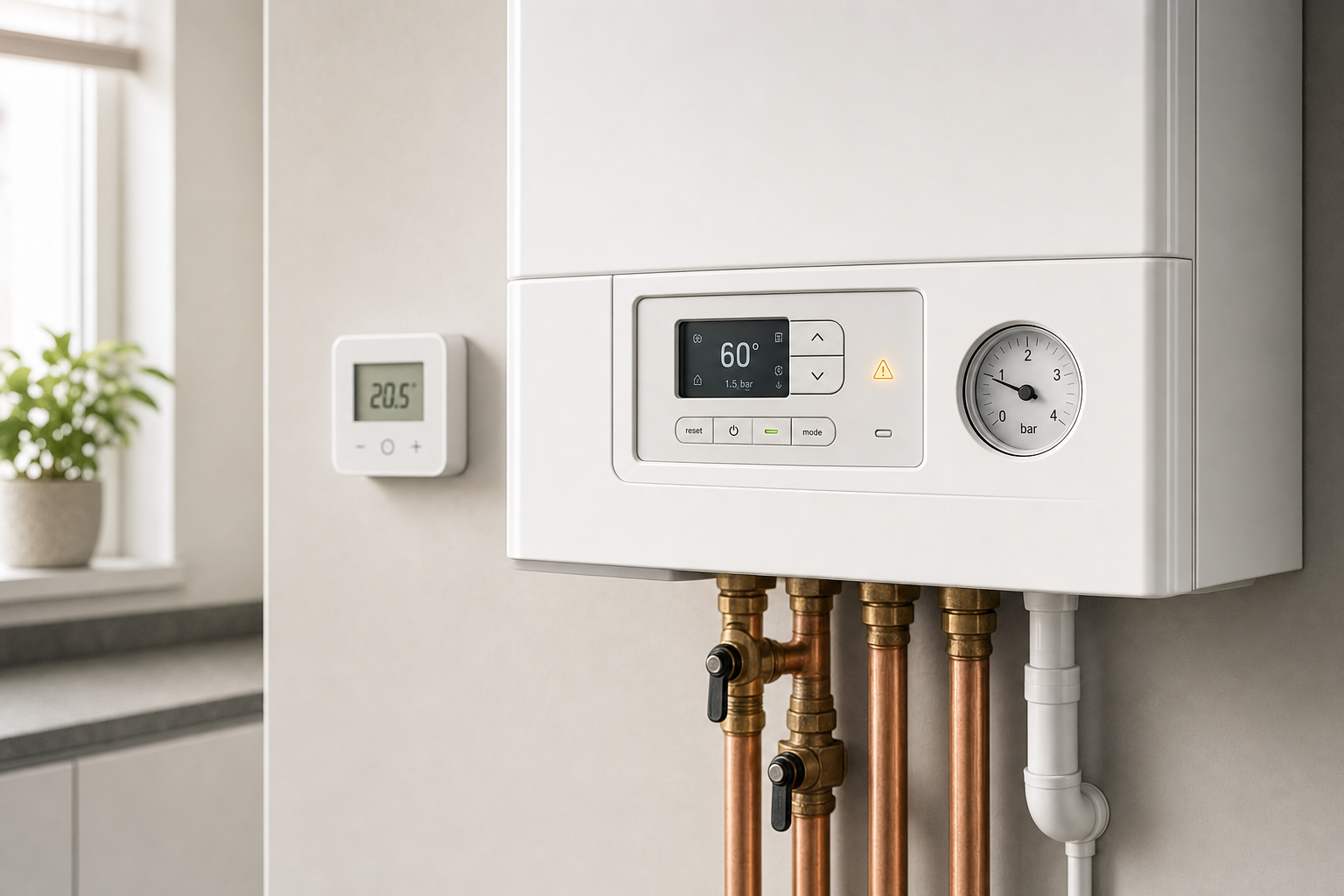 A modern boiler mounted on a wall with copper pipes and a digital thermostat set to 20.5°C.