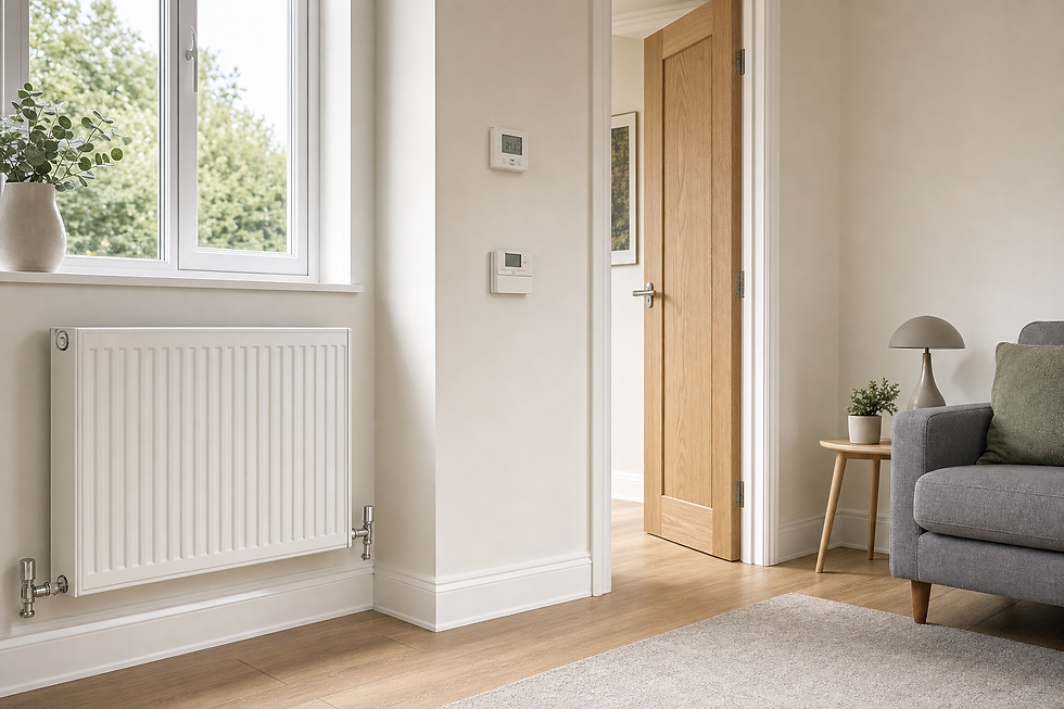 A cosy living room corner with a grey sofa, wooden side table, radiator, and a window with a view of greenery outside.