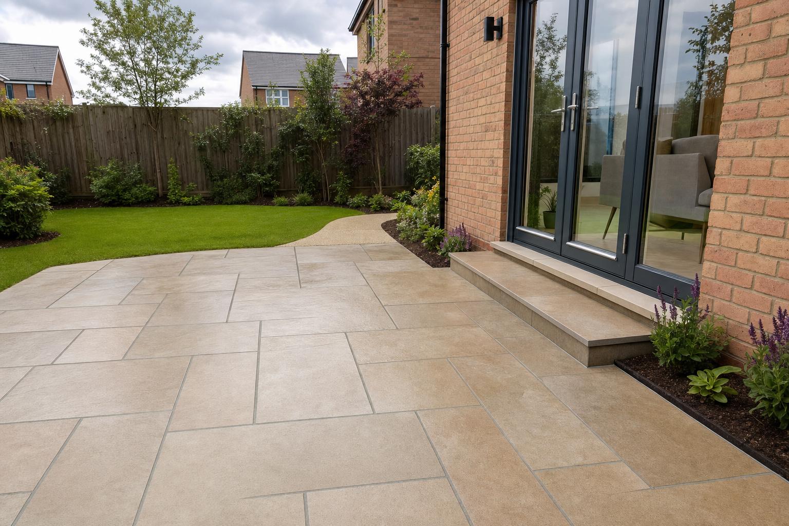 A modern patio with stone tiles leads to a garden with well-manicured grass and plants by a house with large glass doors.