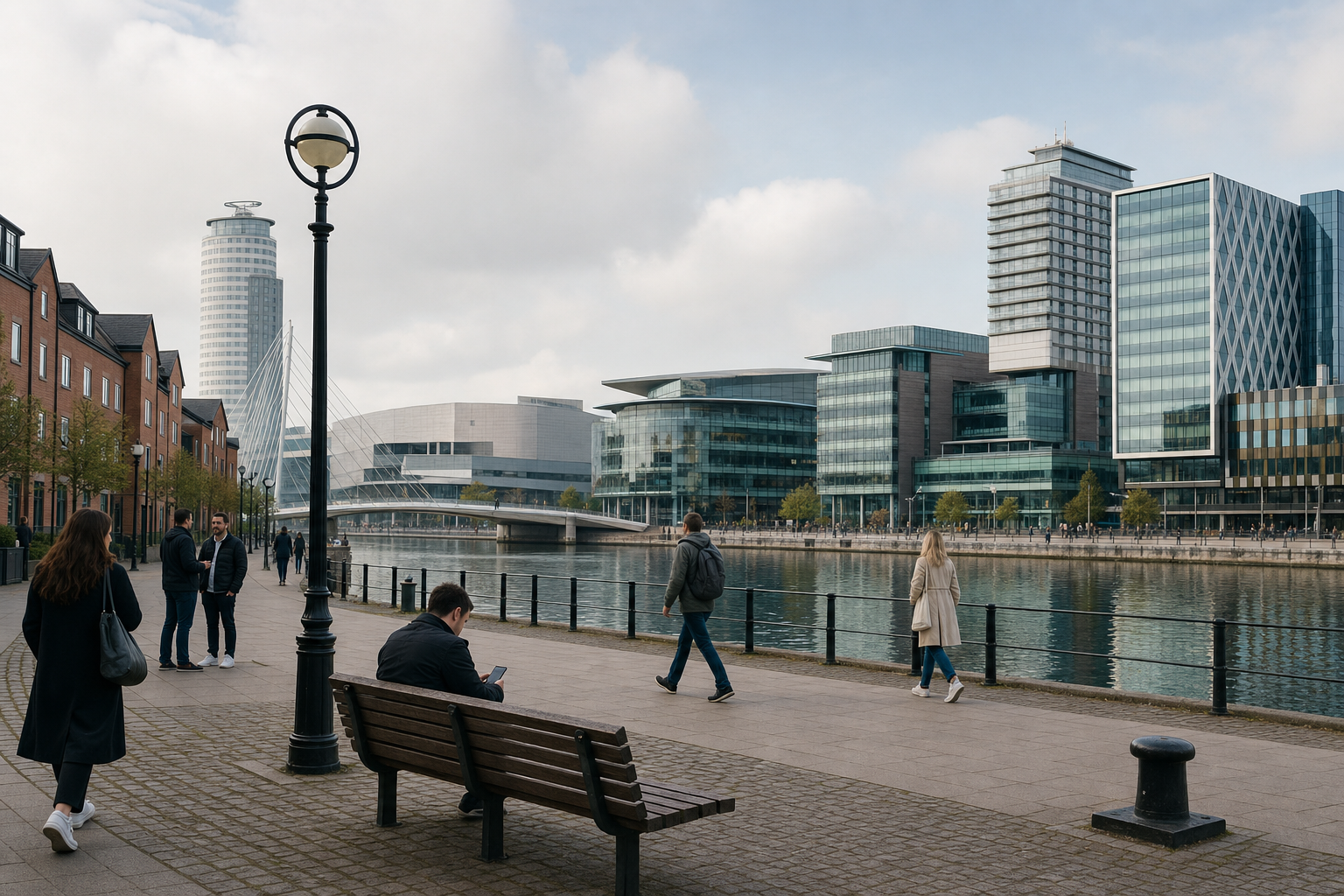 People walking along a riverside promenade with modern city buildings in the background.