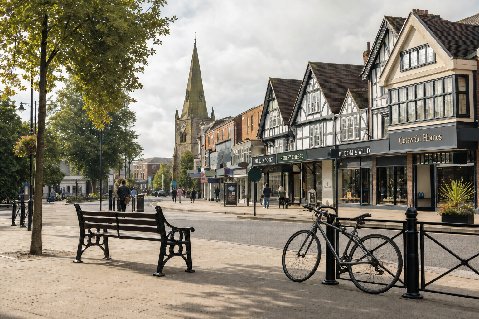 A quaint British high street with Tudor-style buildings, a church spire, a bench, and a bicycle in the foreground.