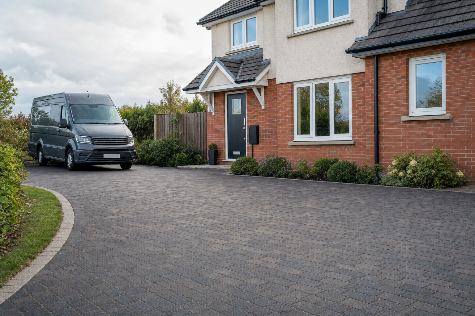 A grey van parked on a spacious brick driveway in front of a modern suburban house.