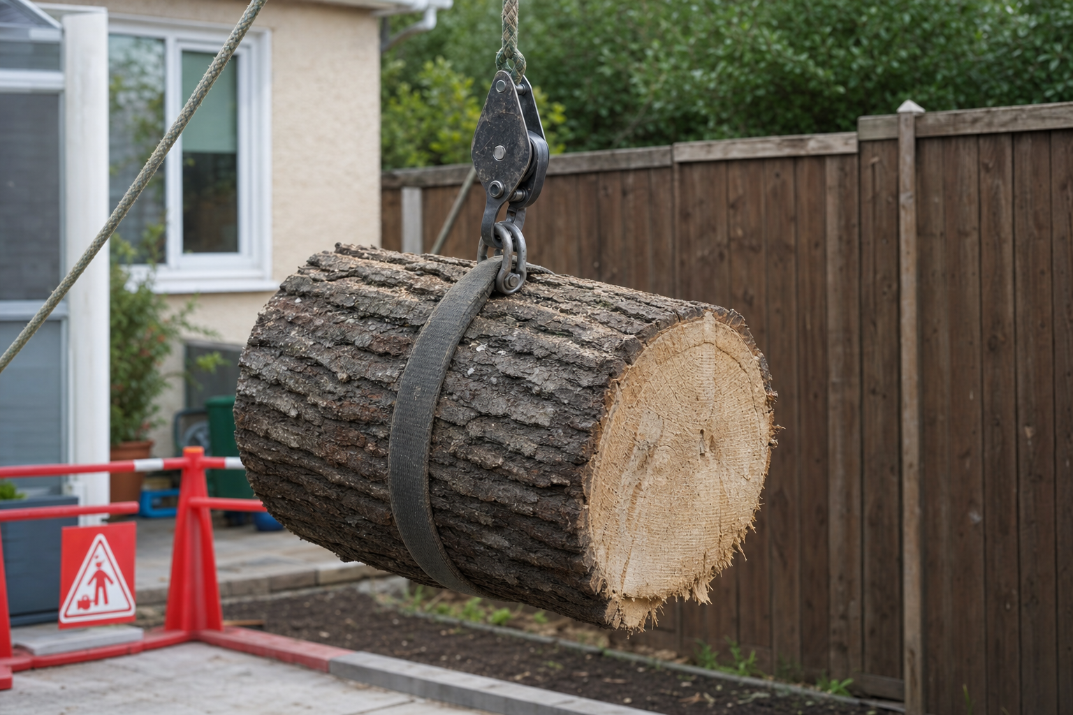 A large log is suspended by a crane strap over a fenced area near a construction zone.