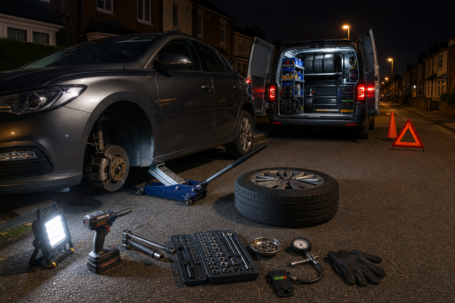 Nighttime roadside car repair with tools, a jack, spare tyre, and utility van illuminated by floodlights.