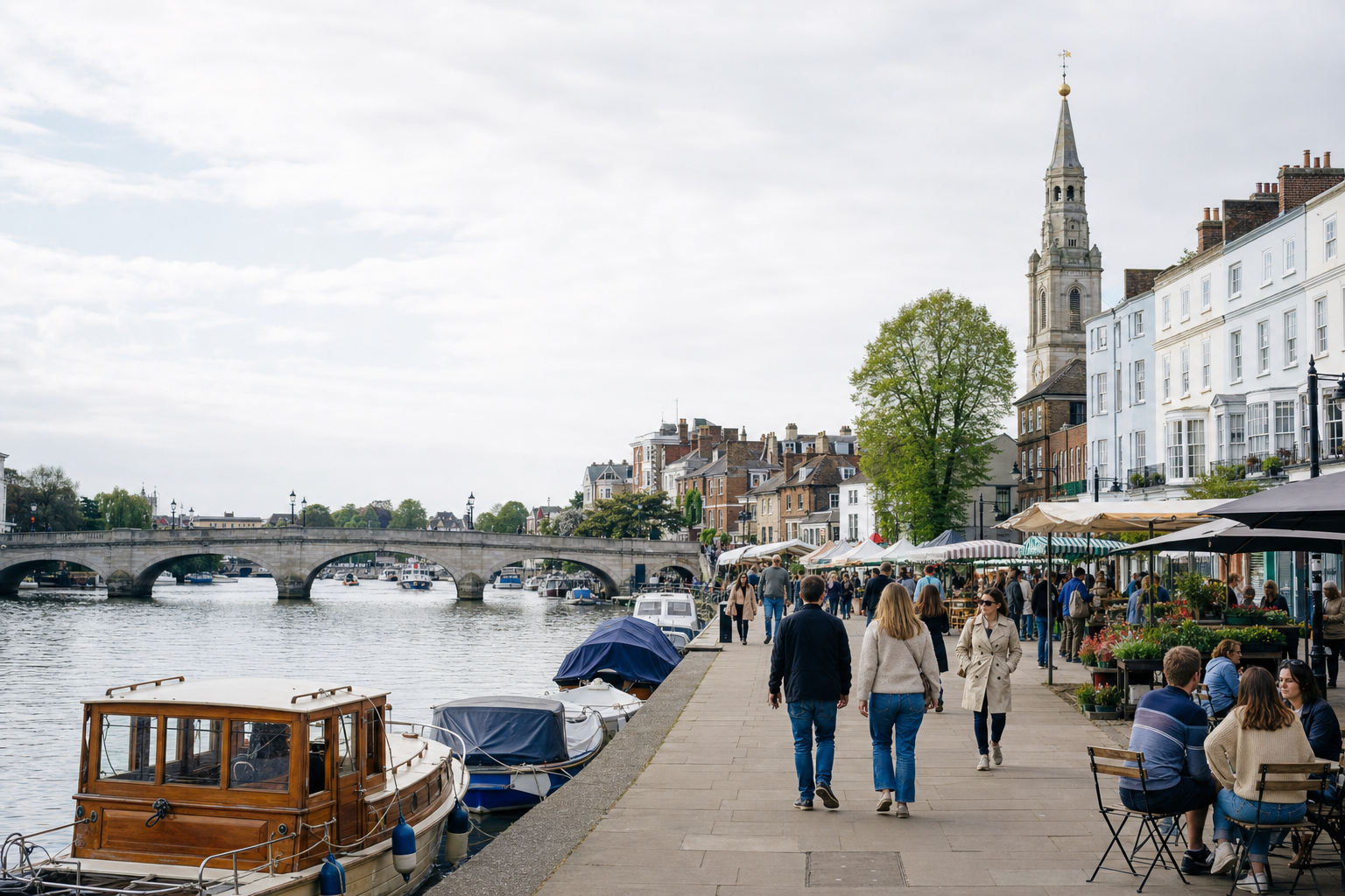 People strolling along a riverfront promenade with boats docked and a historic bridge in the background.