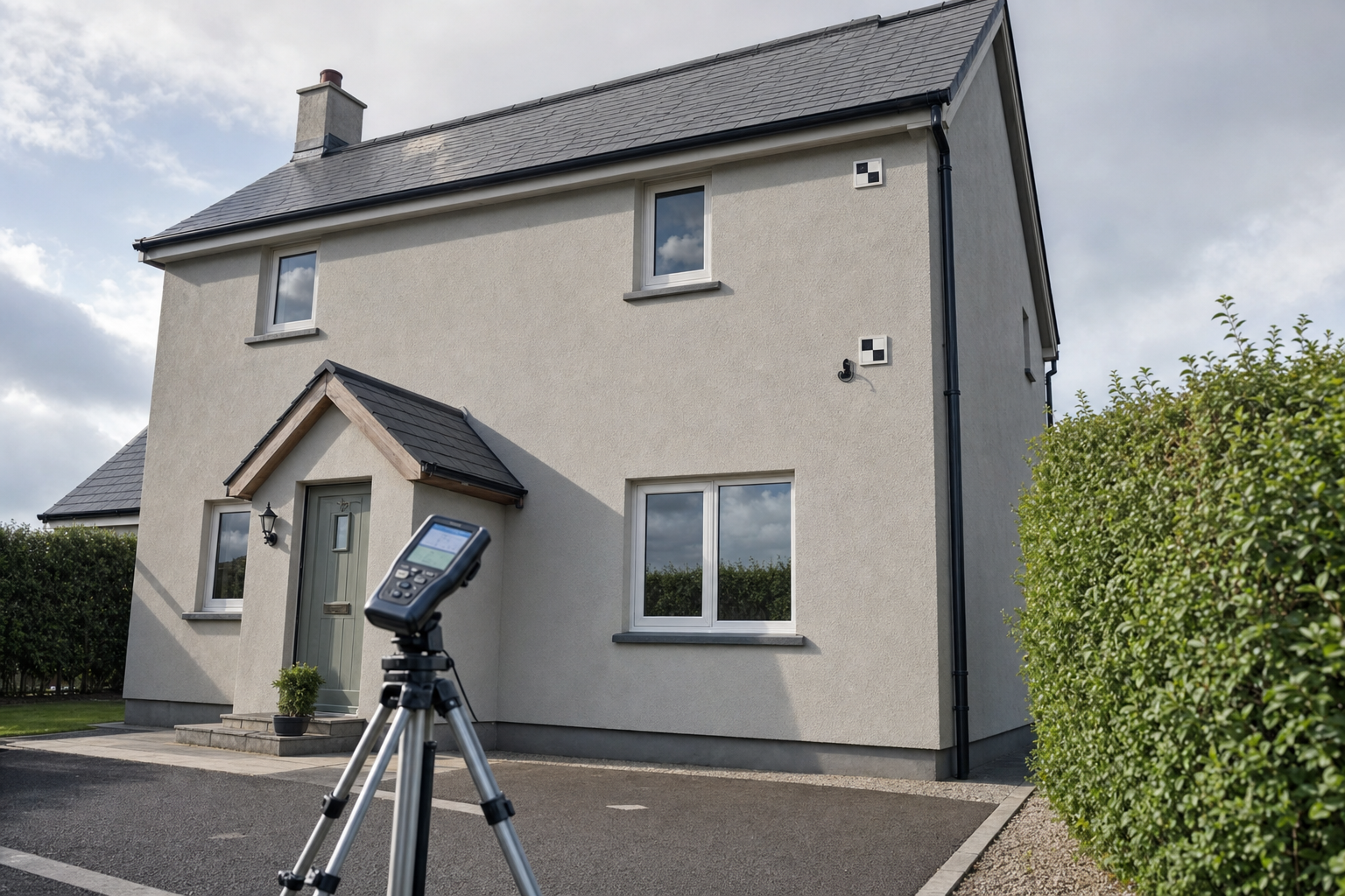 A two-storey beige house is being measured with a tripod-mounted laser distance meter in the driveway.