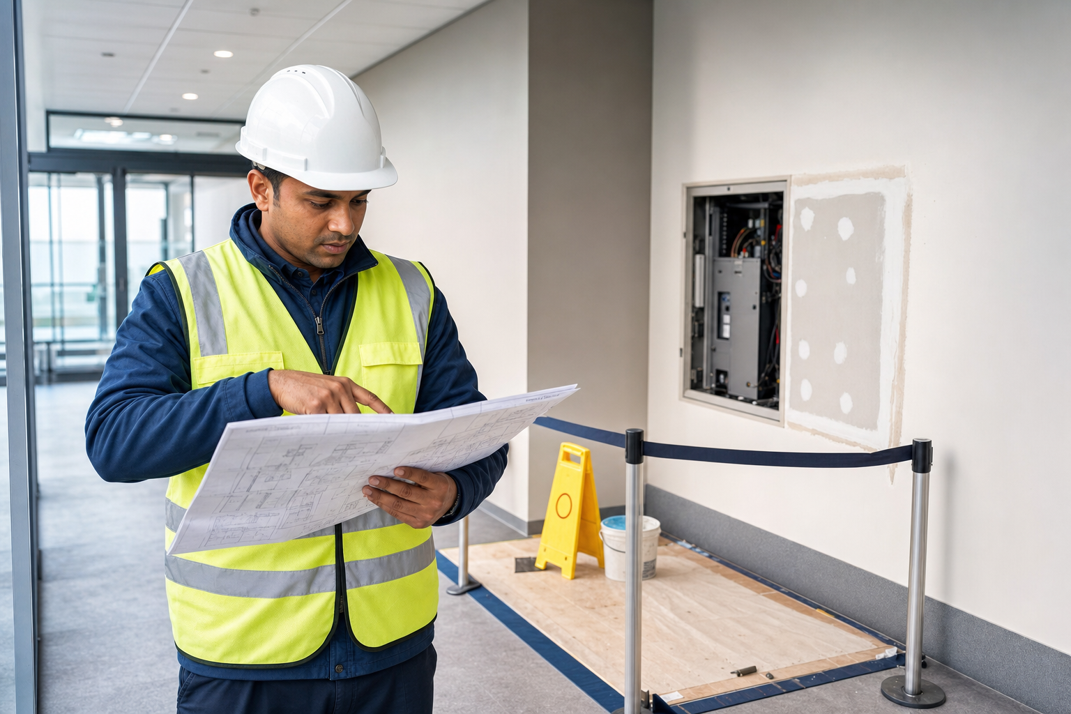 Construction worker in a high-visibility vest and hard hat reviewing blueprints in a corridor.