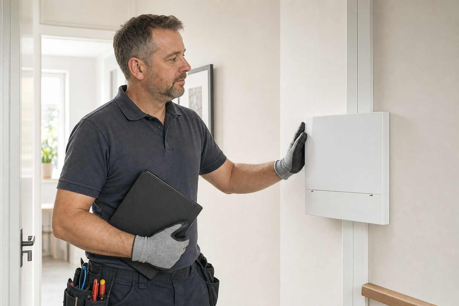 An electrician inspects a wall-mounted electrical panel, holding a clipboard and wearing a tool belt.