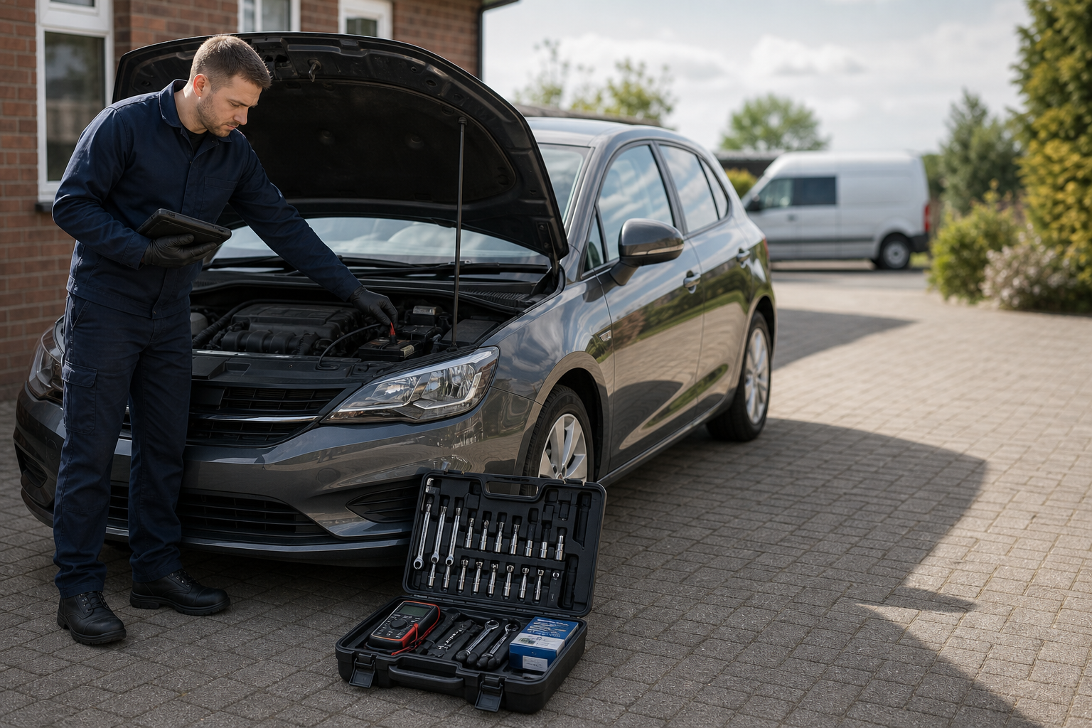 Mechanic checking car engine with tools and equipment nearby on a driveway.