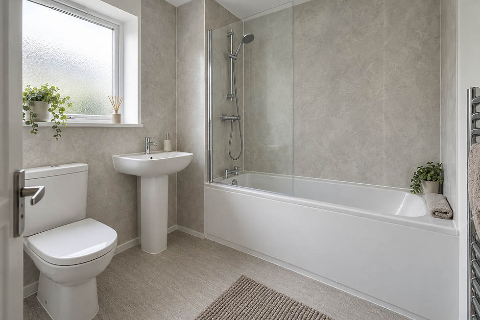 Modern bathroom with a white suite, glass shower screen, and potted plants on the window ledge and tub edge.