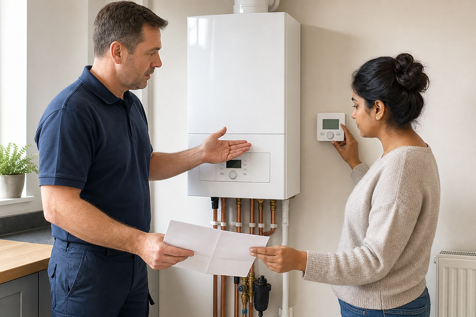 A technician explains boiler settings to a woman adjusting a thermostat in a home.