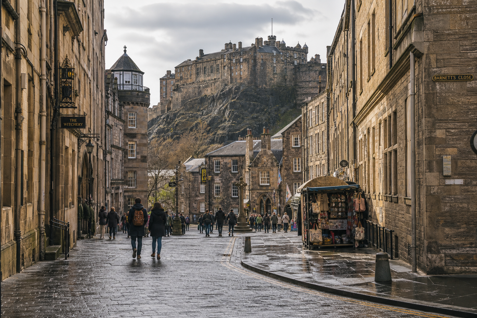 Tourists walk along a cobbled street in Edinburgh, with the historic castle visible on a hill in the background.
