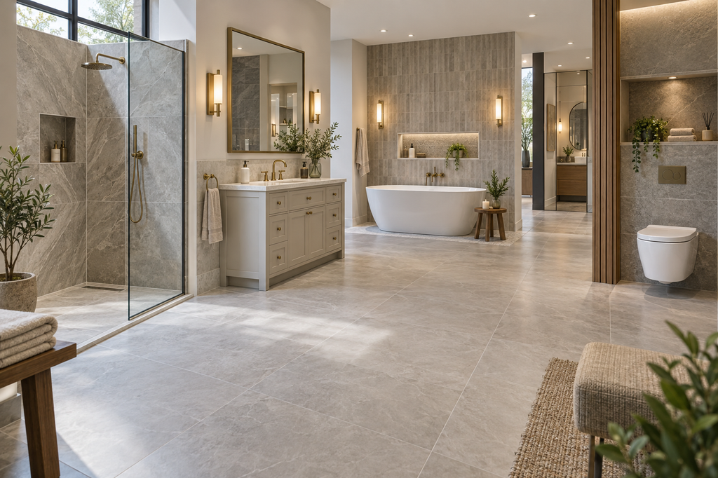Spacious modern bathroom with a freestanding bathtub, glass shower, and elegant vanity unit.