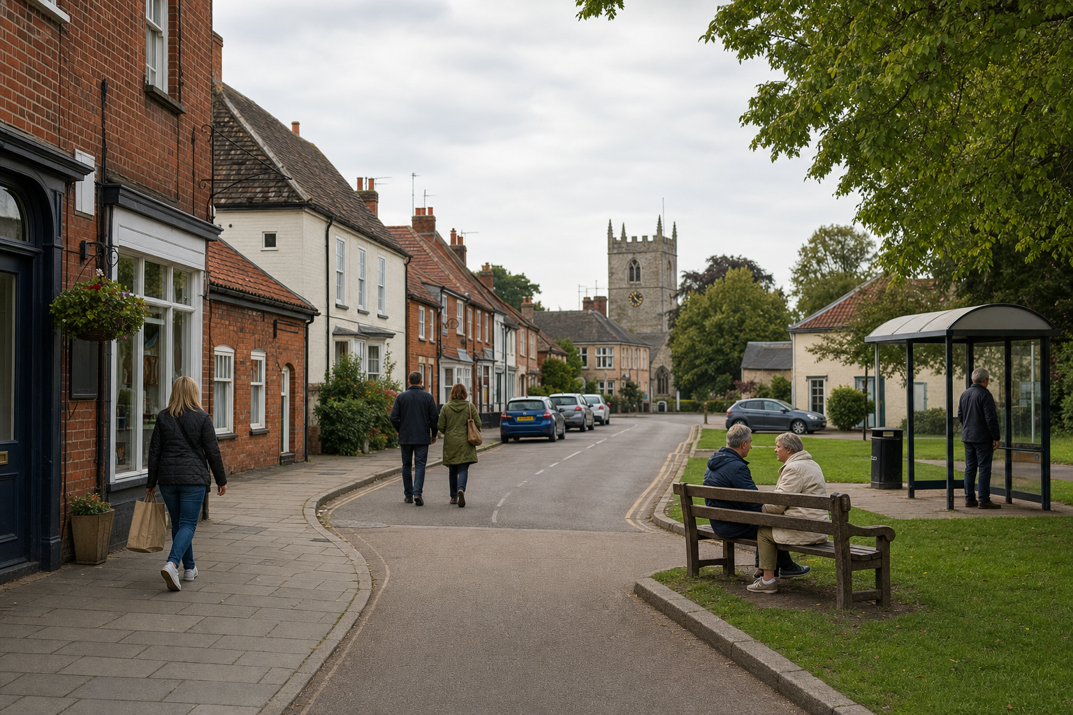 A quiet village street with people walking, seated on benches, and a prominent church tower in the background.