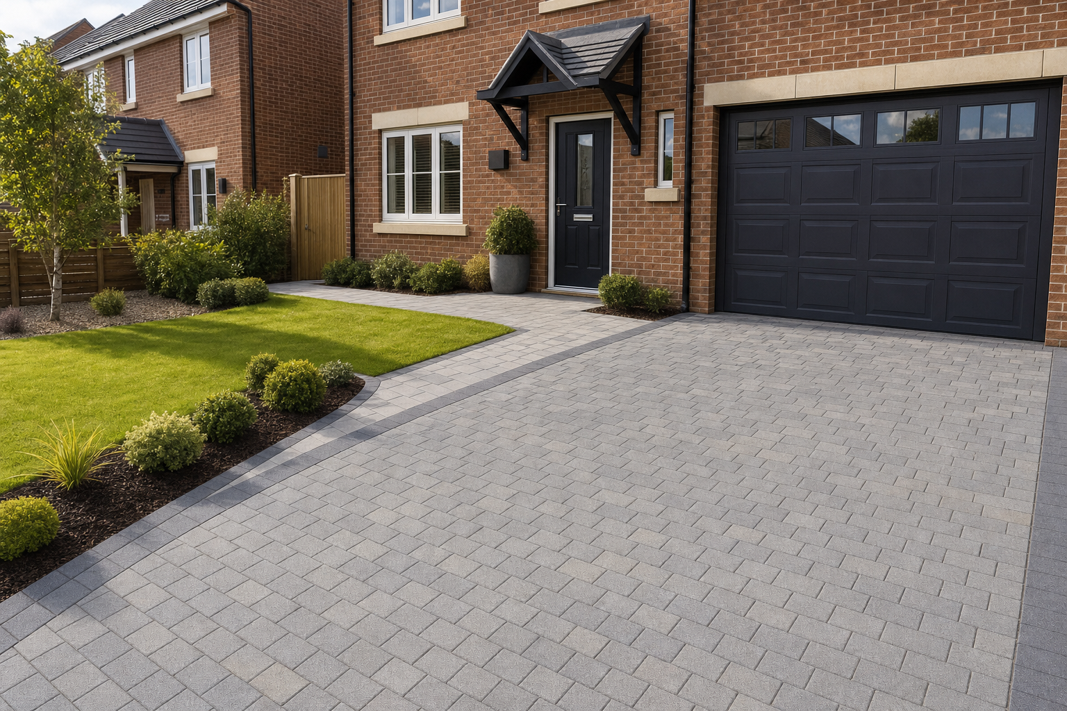 Modern brick house with a neatly paved driveway and well-maintained front garden.