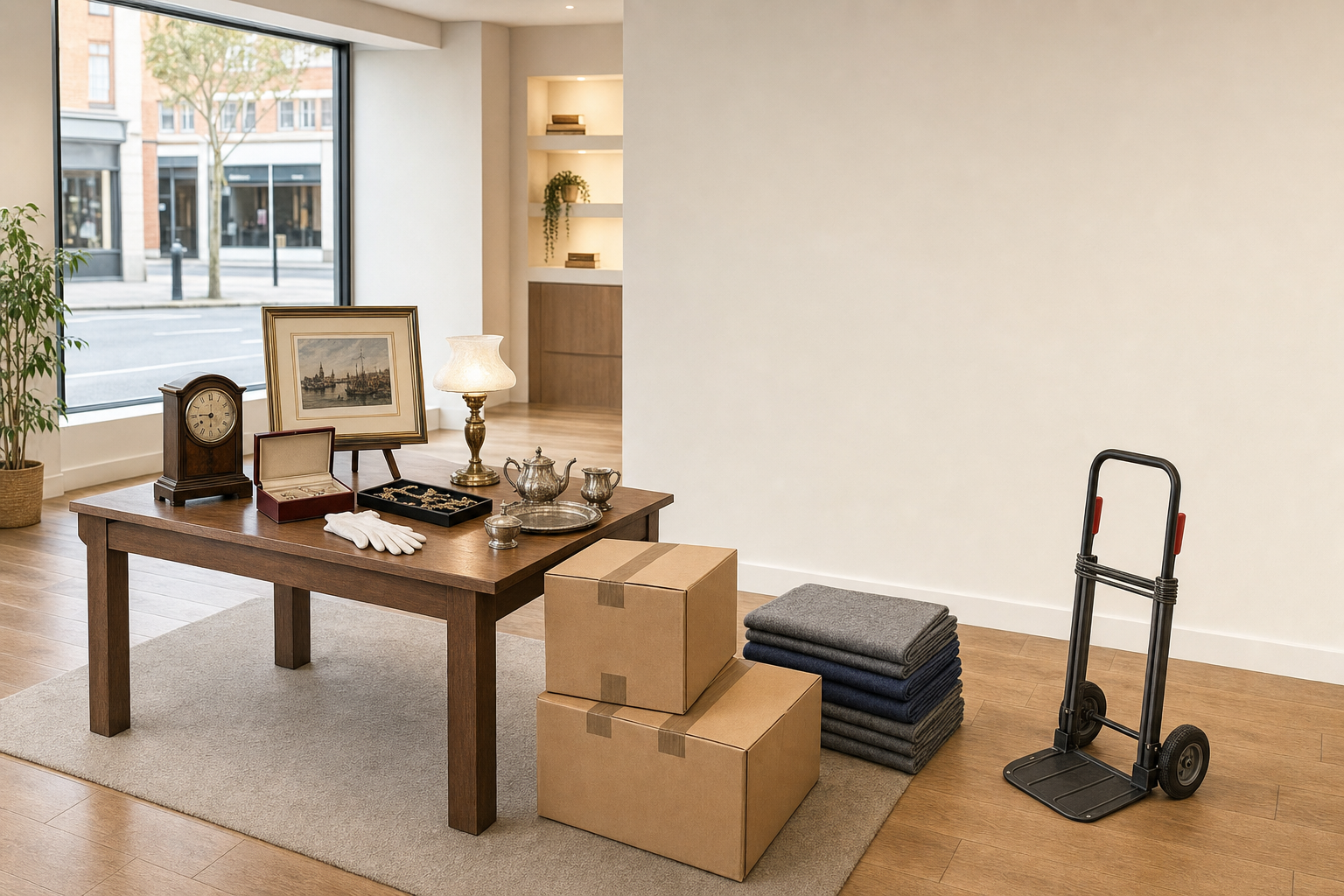 Antique items, boxes, and folded blankets on a table near a large window with a trolley nearby.