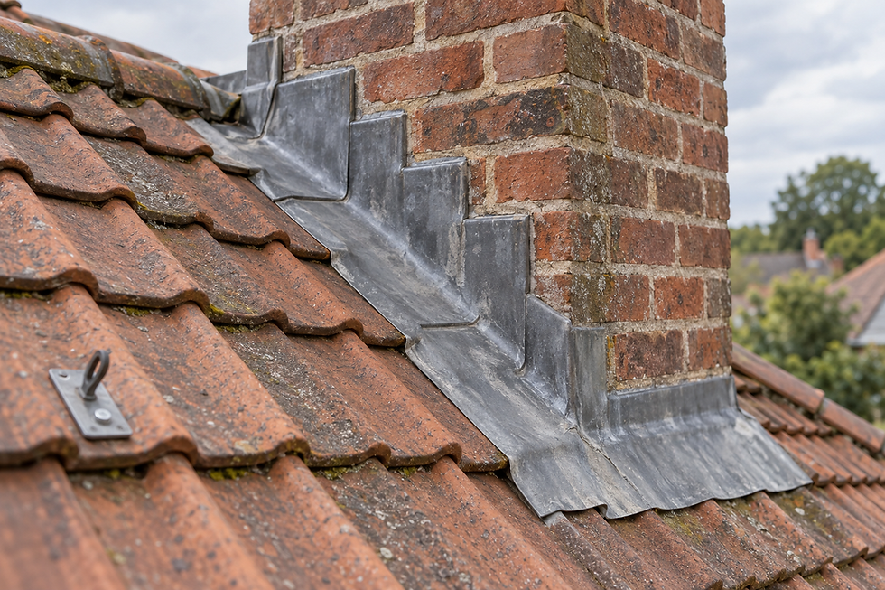 Brick chimney on a tiled roof with lead flashing for weatherproofing.