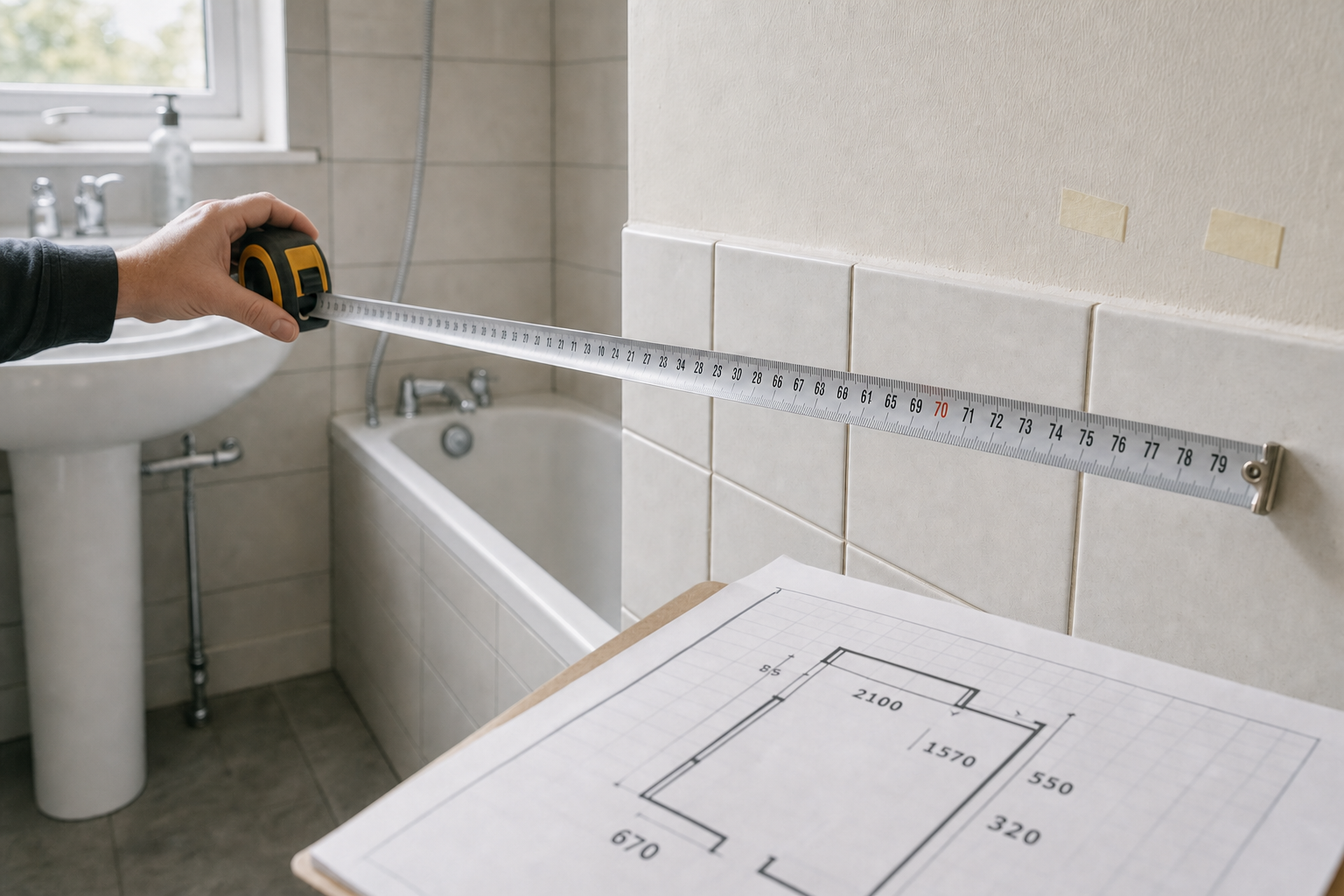 A person measuring tiles in a bathroom next to a blueprint of a floor plan.