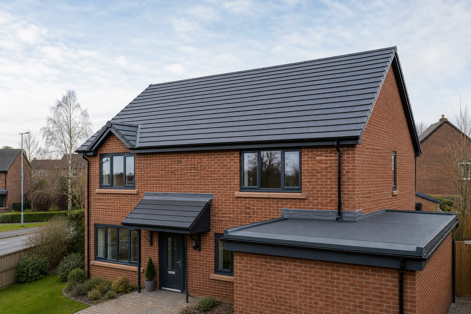 Red-brick detached house with grey roof tiles and a small front garden on a residential street.