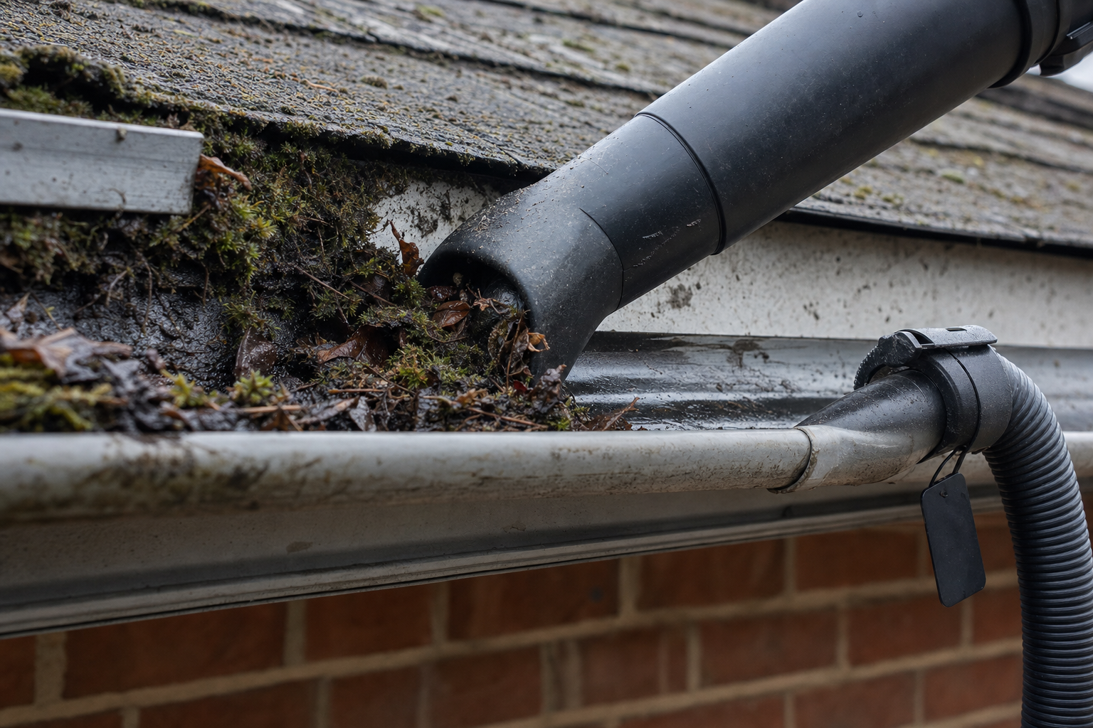 Clogged gutter filled with leaves and moss under a sloped roof with a vacuum hose attachment.