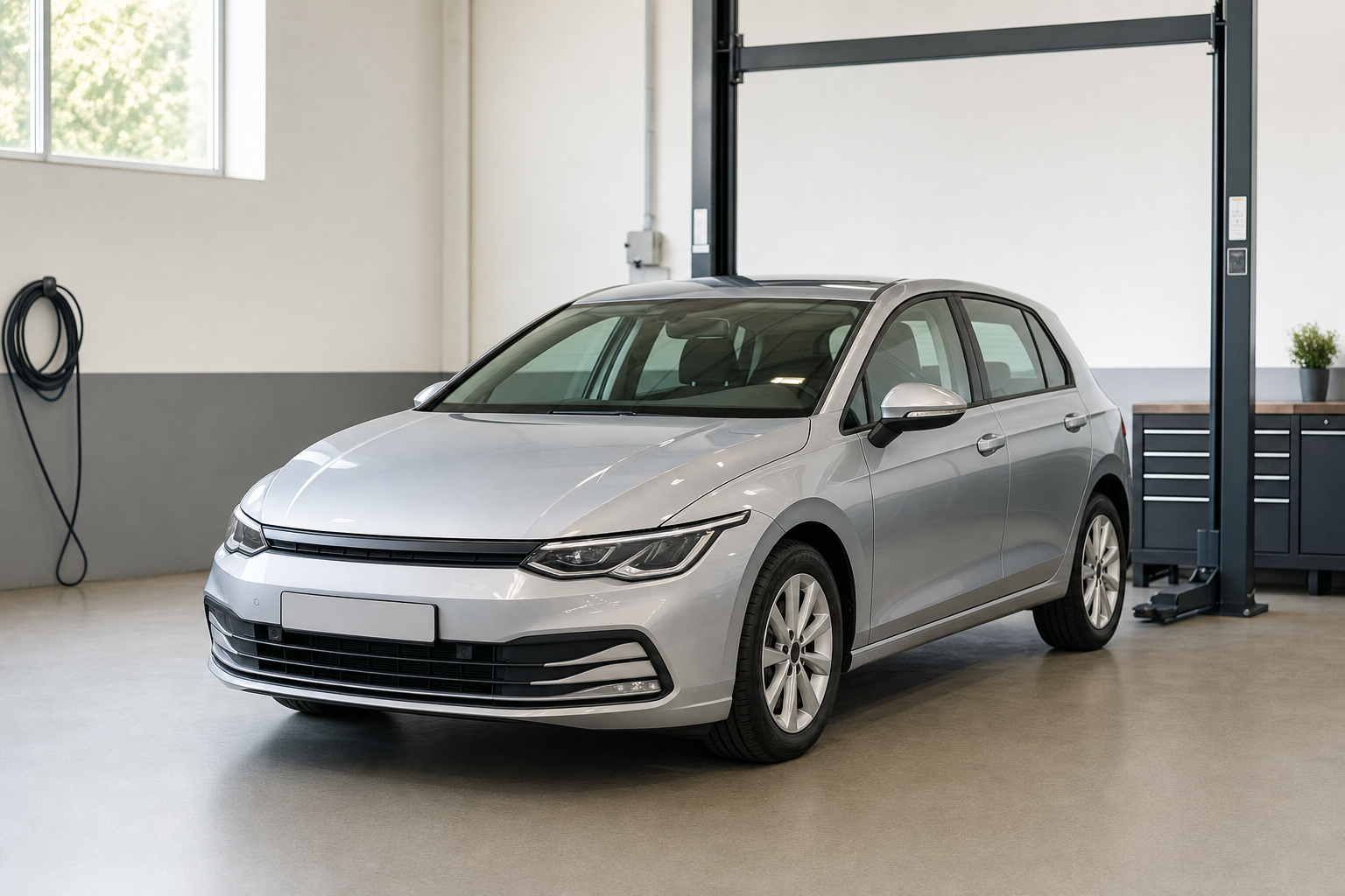 A silver hatchback car parked inside a clean, modern garage with a hydraulic lift and tool cabinet.
