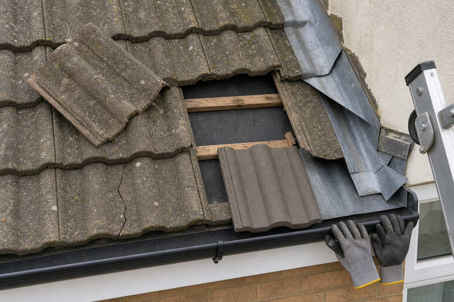 Damaged roof tiles with missing sections, revealing wooden framework beneath, next to a ladder and a pair of gloves.