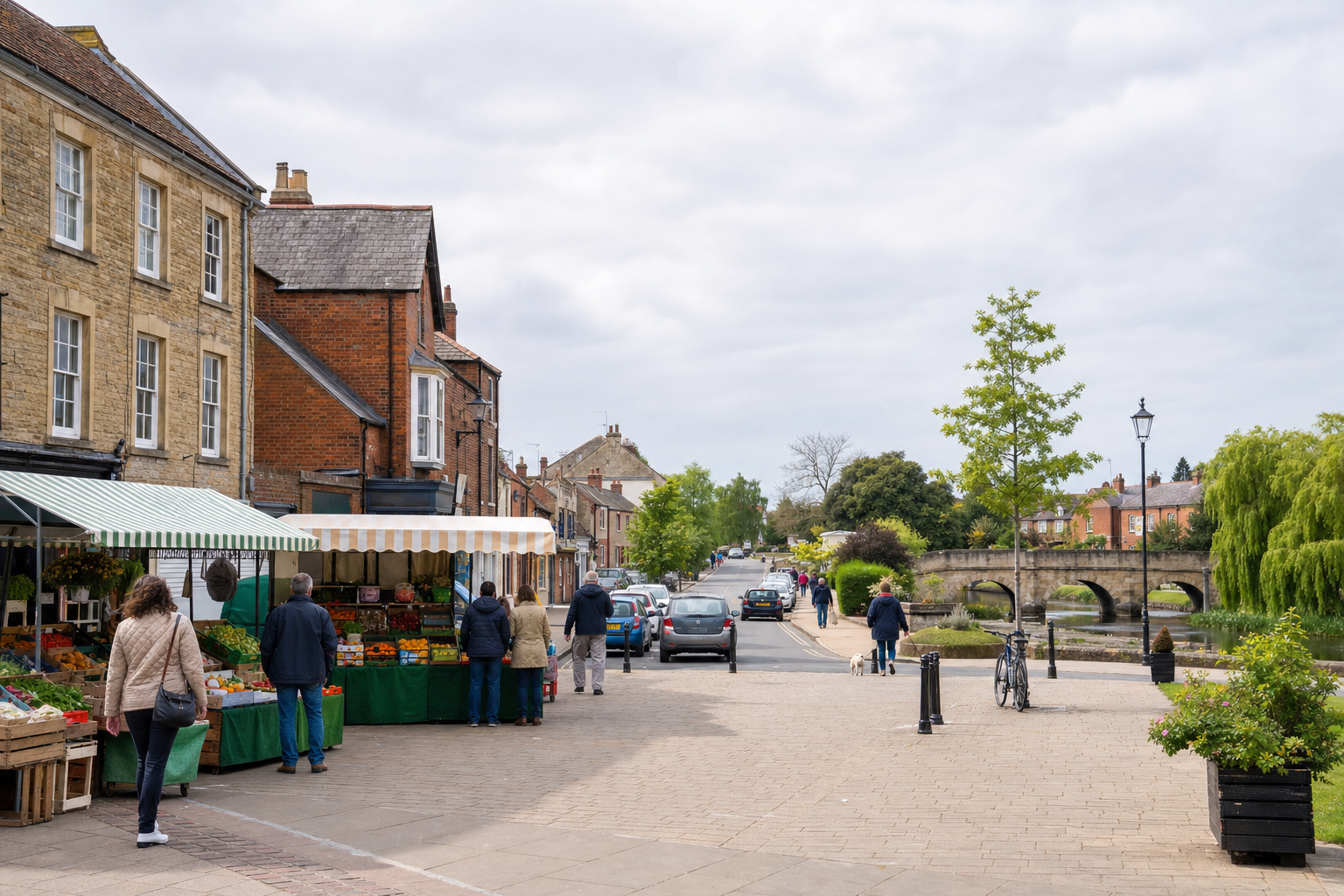 Street market with people shopping for produce next to traditional British buildings and a stone bridge over a river.