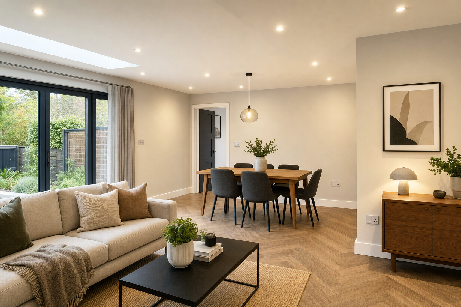Modern open-plan living room with a beige sofa, black coffee table, wooden dining table, and garden views through glass doors.