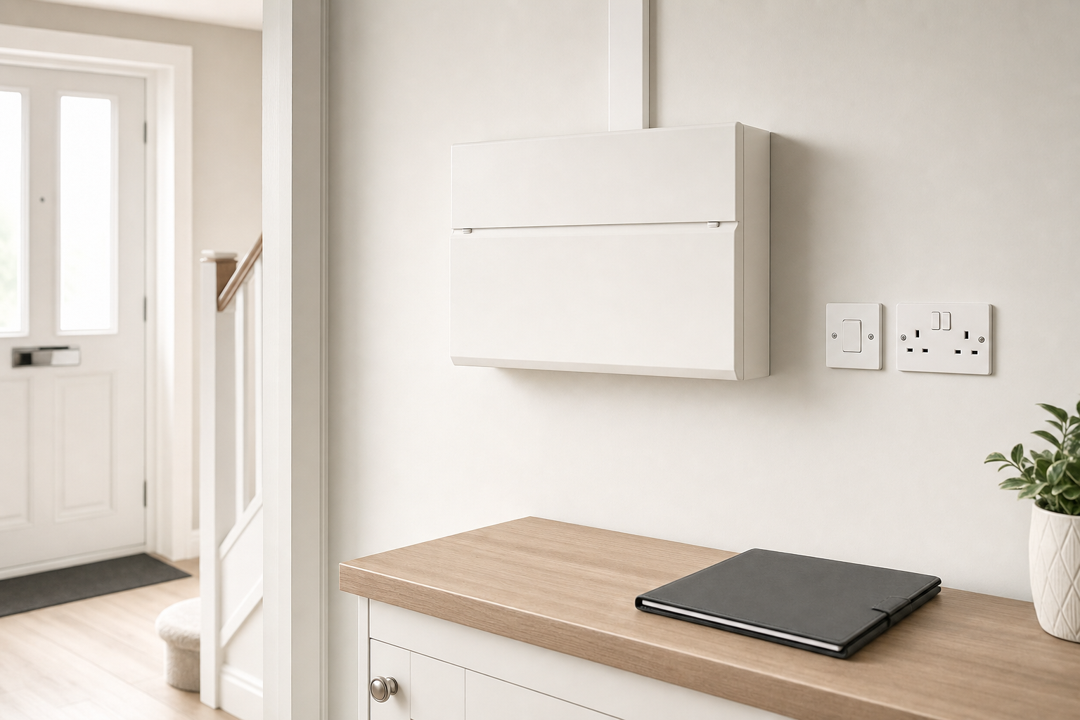 Modern hallway featuring a white electrical box, light switch, double plug sockets, and a wooden sideboard with a closed black binder.
