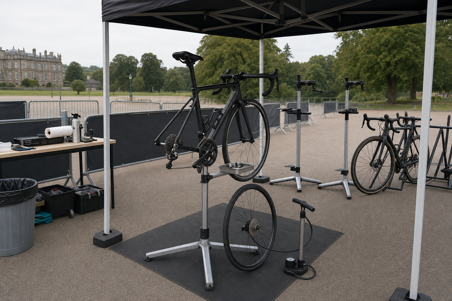 A bicycle is mounted on a repair stand under a canopy, with tools and another bike parked nearby.