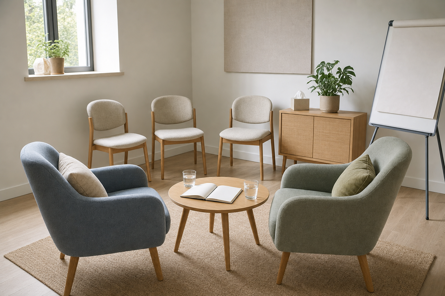 A comfortable meeting room with armchairs, round table, and a flipchart, featuring neutral colours and green plant accents.