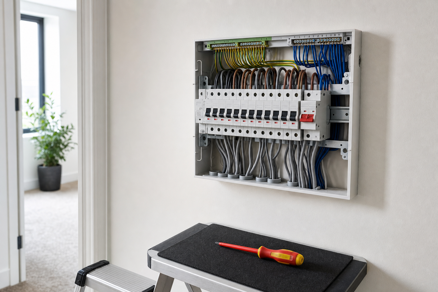 An open electrical panel with circuit breakers and a screwdriver on a ladder in a bright room.
