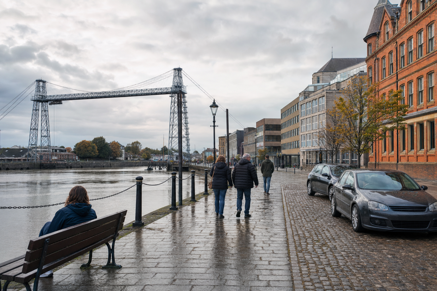People walk along a riverside path with a large metal bridge in the background on a cloudy day.