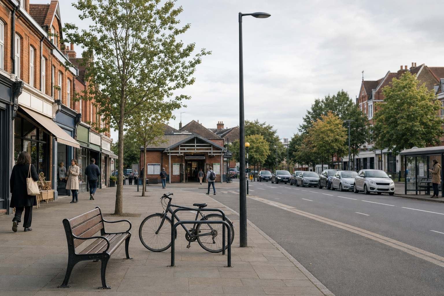 A street scene with benches, a bicycle, and people walking near shops and a small train station.
