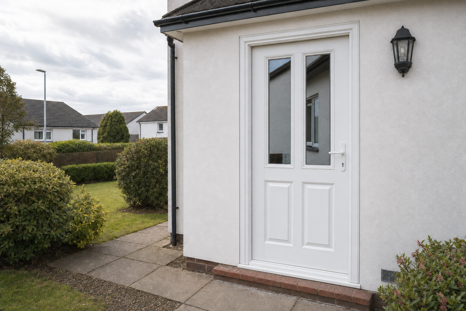 White front door with glass panels on a modern house, surrounded by neatly trimmed hedges and a paved path.