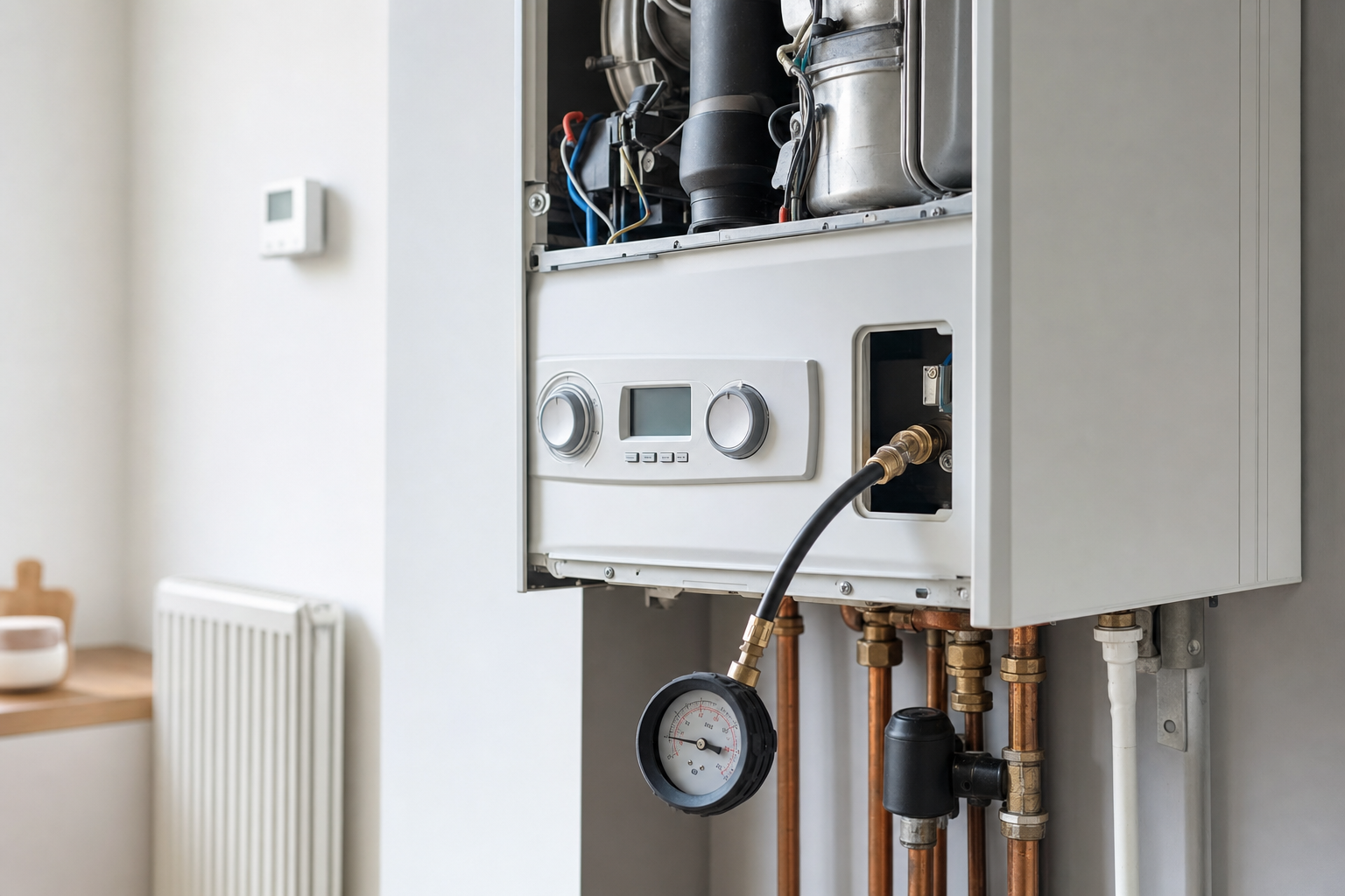 An open domestic boiler showing internal components and pressure gauge, with a radiator and thermostat in the background.