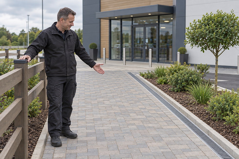 A person in a black outfit gestures towards a landscaped walkway leading to a modern building entrance.