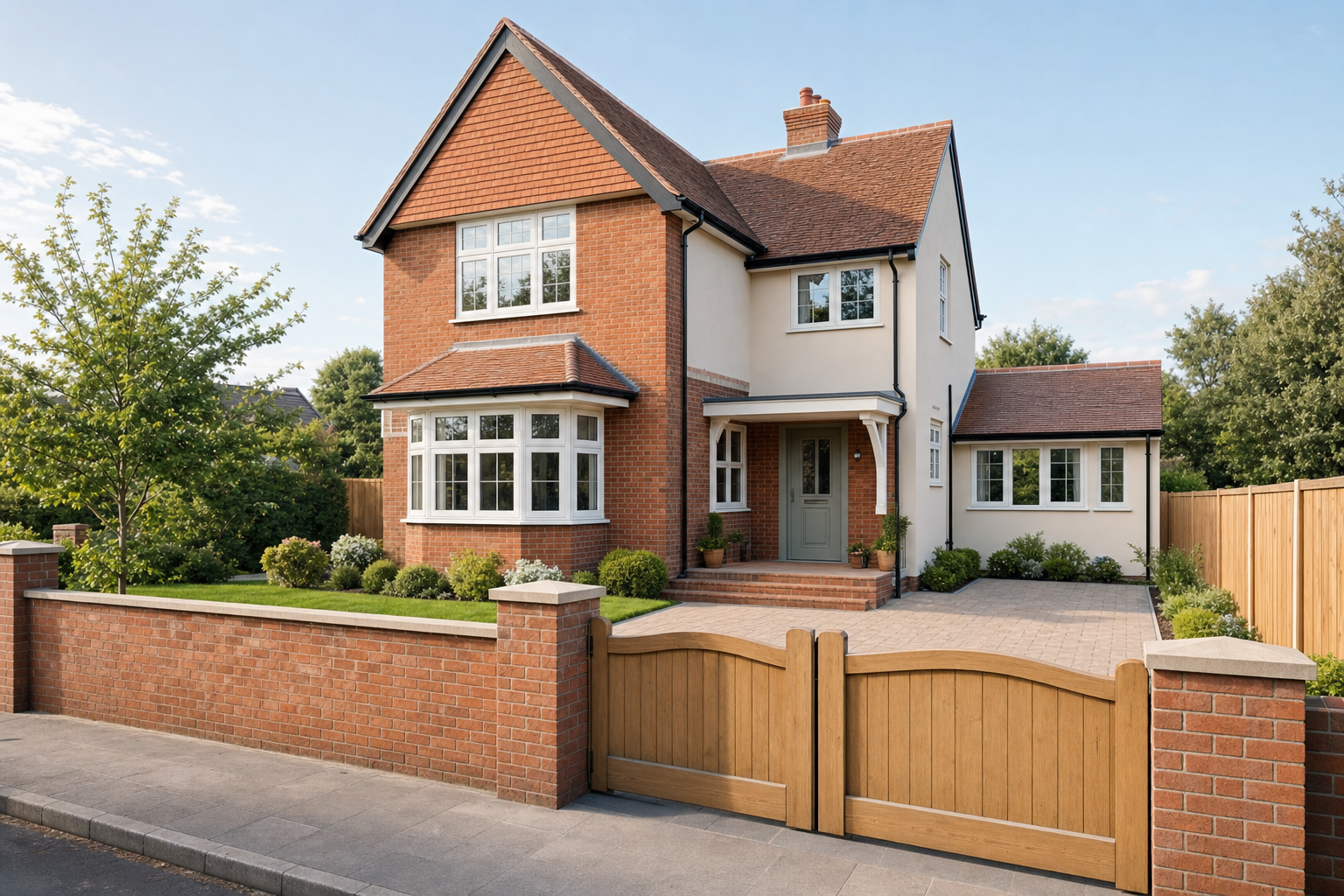 Modern two-storey brick house with a neatly landscaped front garden and wooden gate.