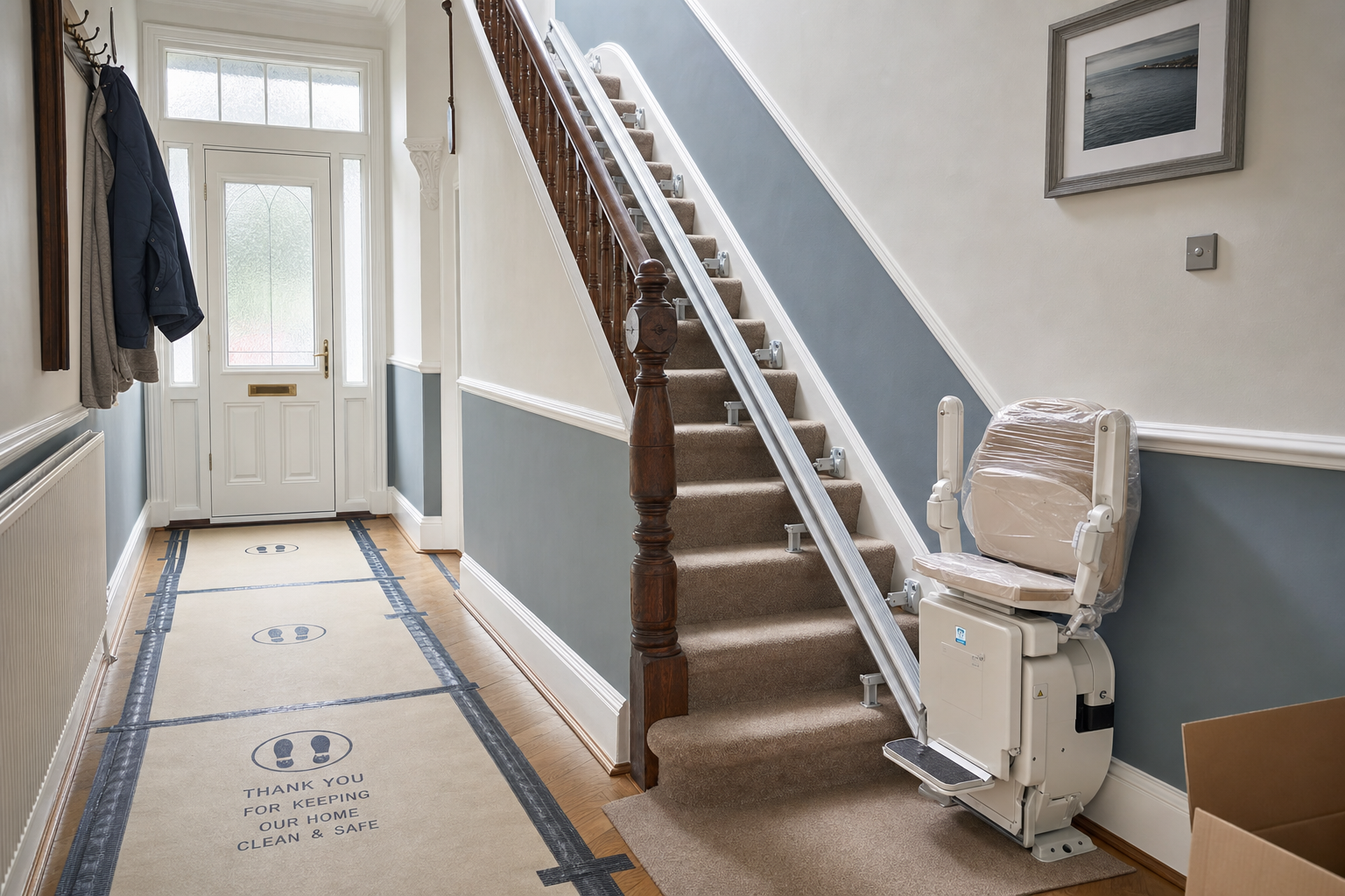 A hallway with a carpeted staircase featuring a stairlift and protective floor coverings.