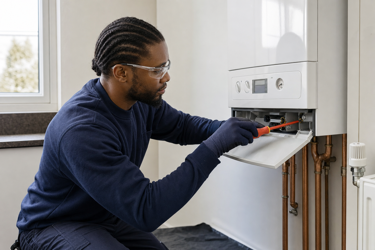 Engineer wearing safety glasses and gloves repairs a boiler with a screwdriver.