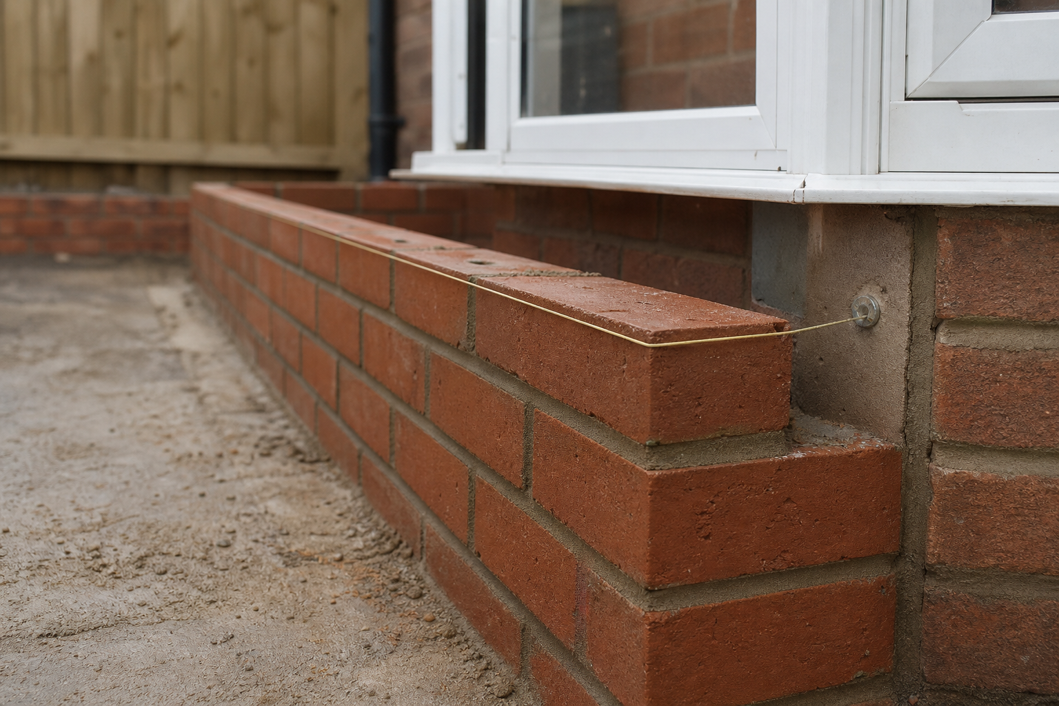 A new brick wall aligns with a taut string line near a patio and window.