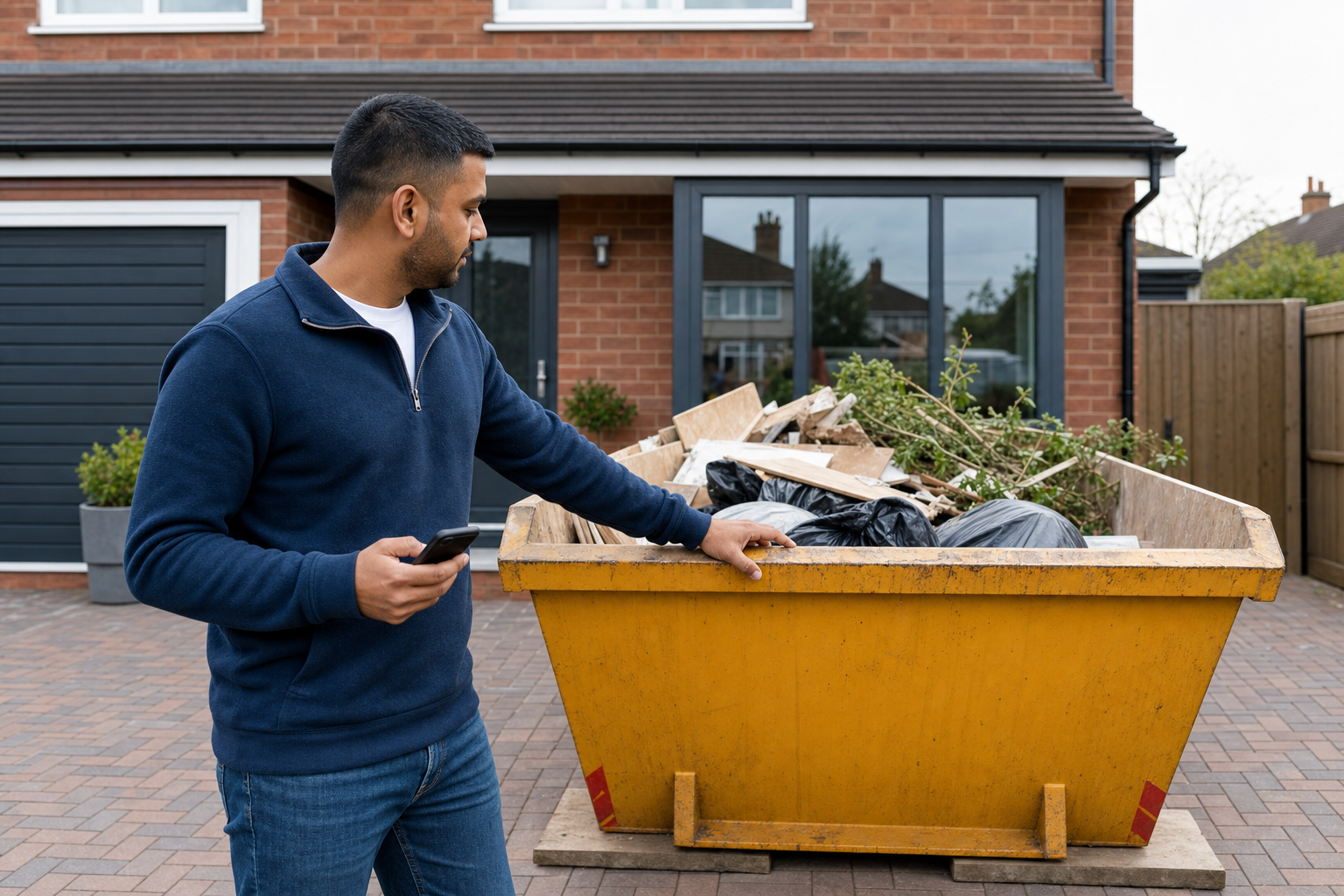 A man holding a smartphone stands next to a yellow skip filled with rubbish outside a brick house.
