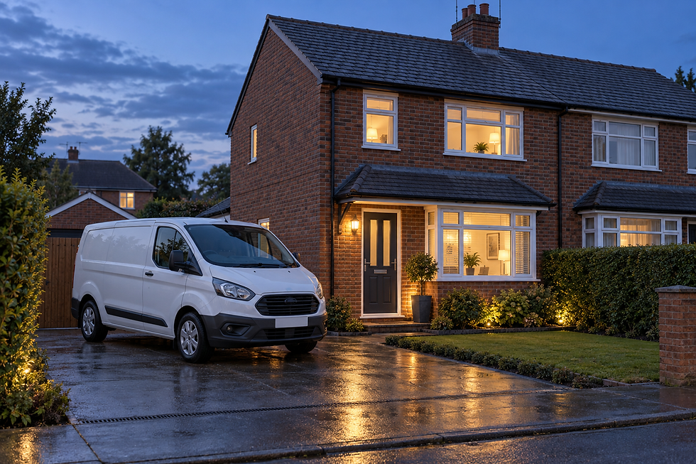 A white van parked on the driveway of a lit-up brick house at dusk with a wet pavement reflecting the lights.