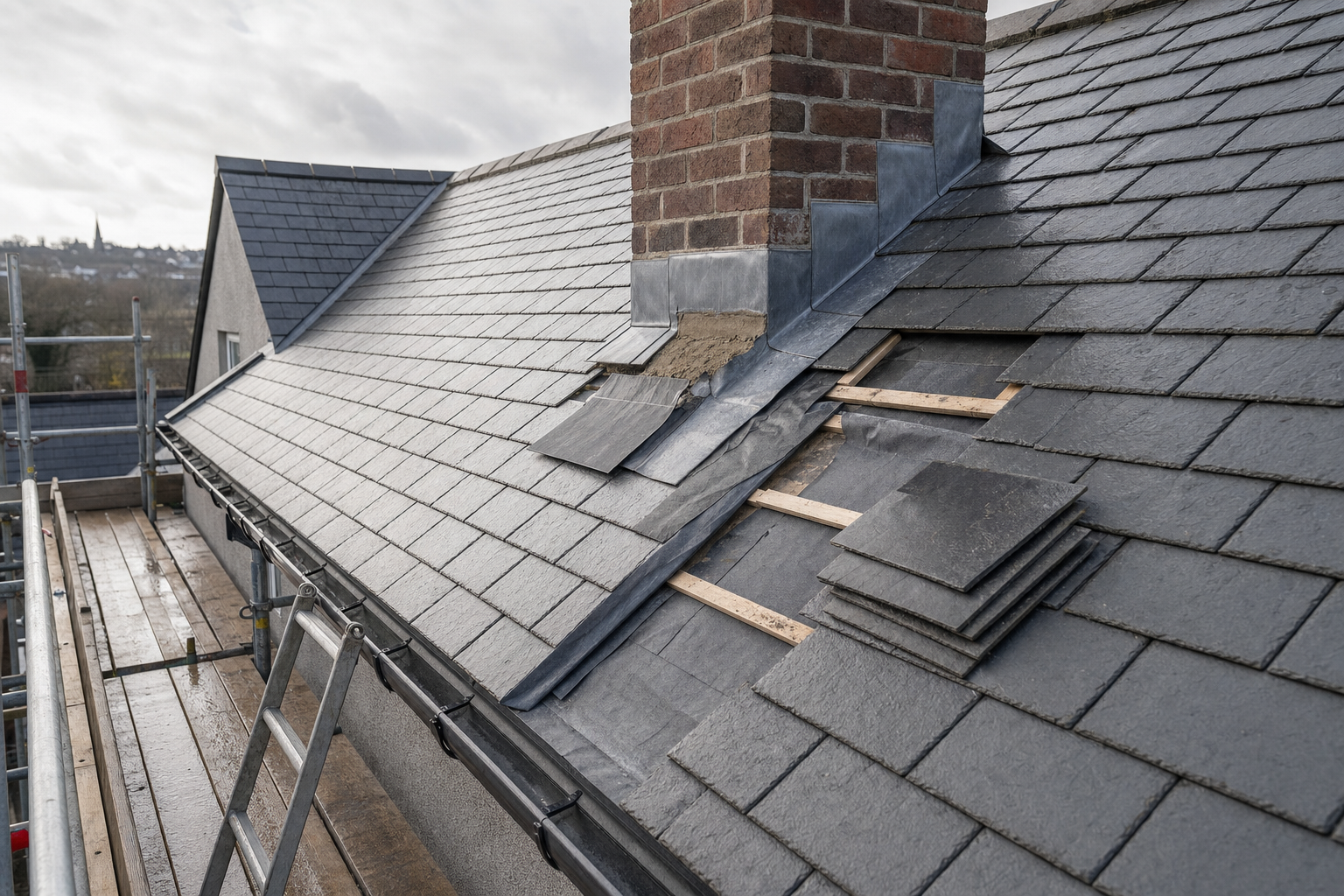 Chimney and slate roof under repair with visible scaffolding and ladder.