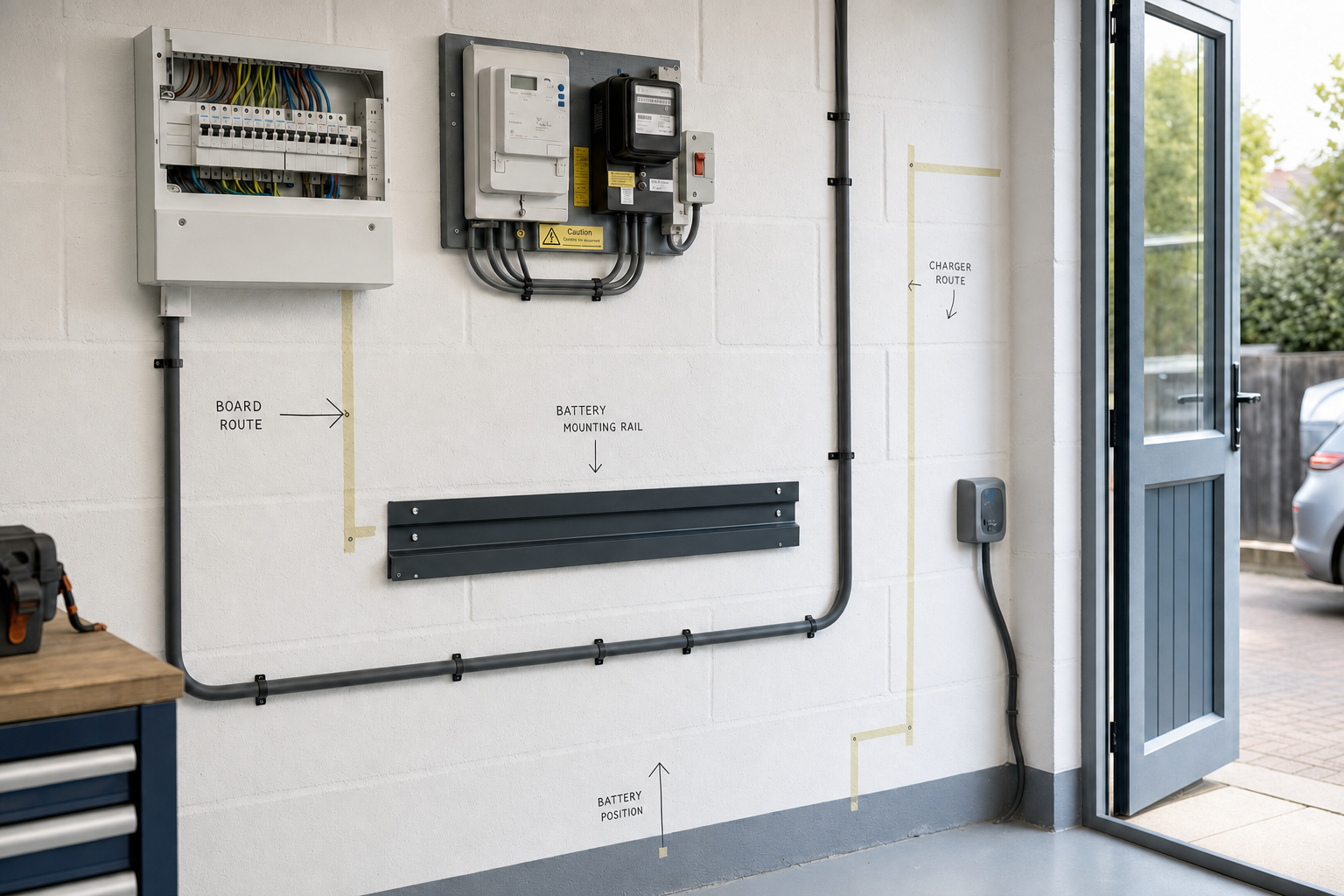 A garage wall with an electrical panel, battery mounting rail, and an EV charger route marked with tape.
