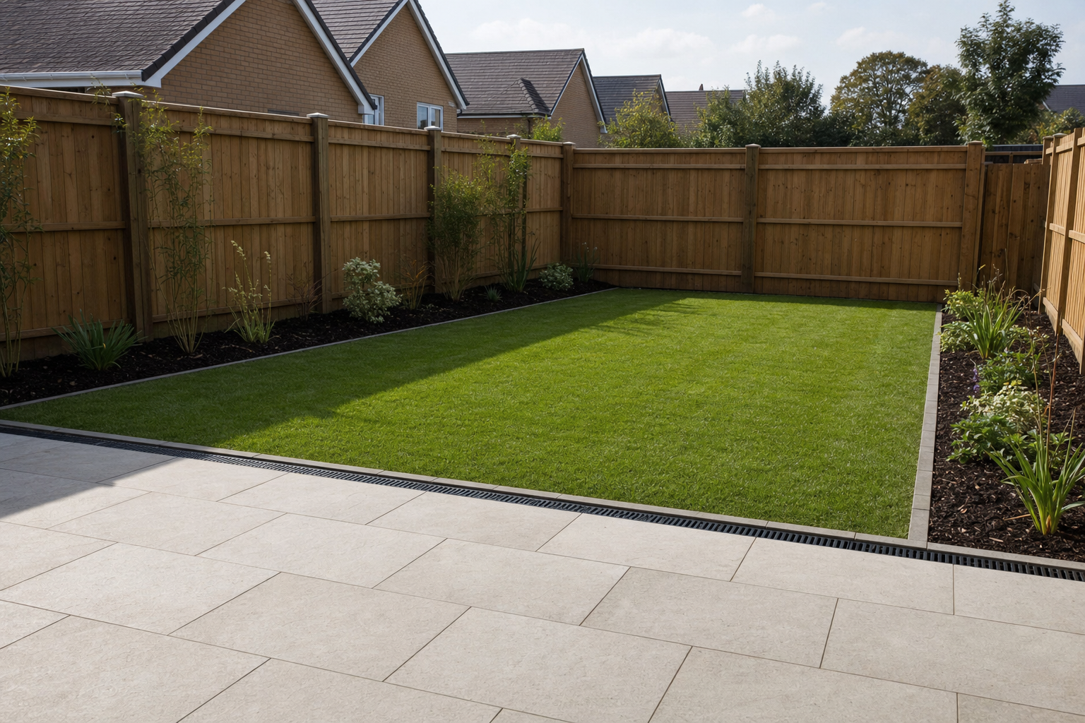 A neat, fenced garden with a lush green lawn and adjacent patio area under a clear sky.