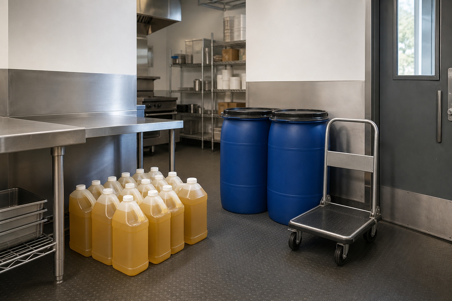 Commercial kitchen with blue barrels, stacked oil containers, and a metal cart.