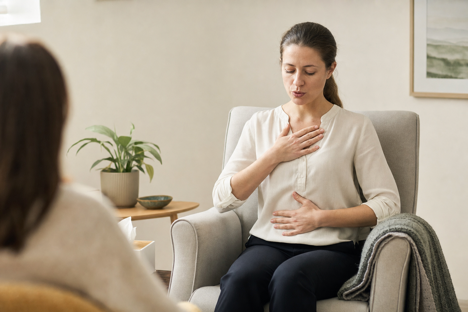 A woman sitting in an armchair engaged in deep breathing exercises with her hands on her chest and stomach.