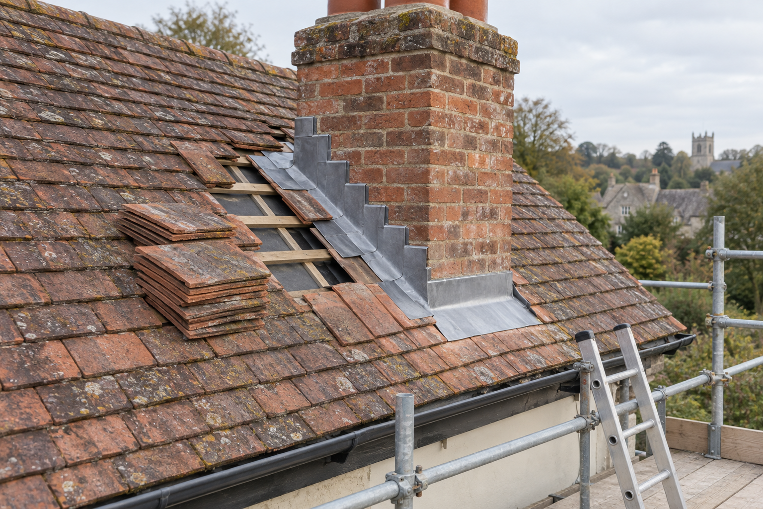 Roof being repaired with stacked tiles and metal flashing around a chimney, with scaffolding and a ladder for access.